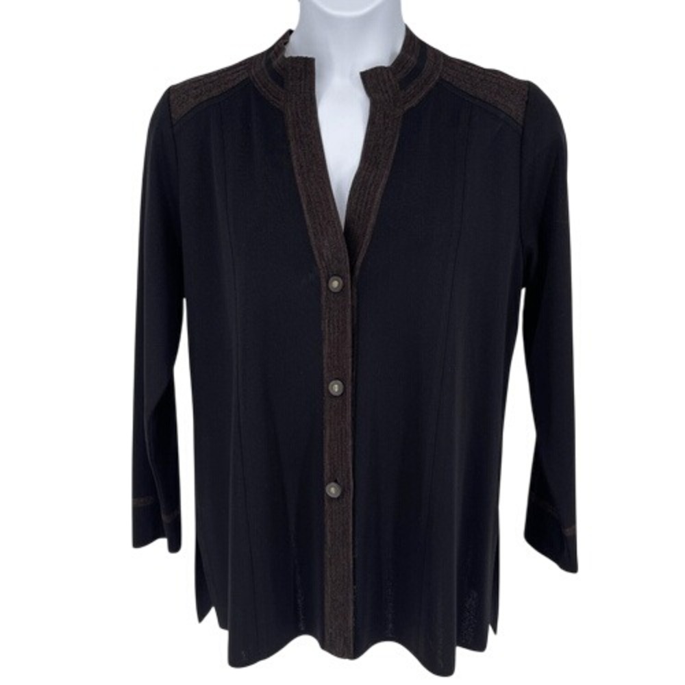 Misook Knit Cardigan Blazer Black Brown Trim Button Front Size XL